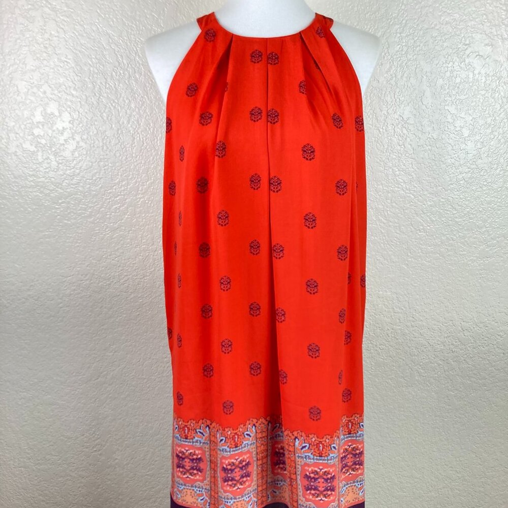 Artisan NY Halter Sleeveless Orange & Purple Band Hem Lined Floral Dress Sz 10
